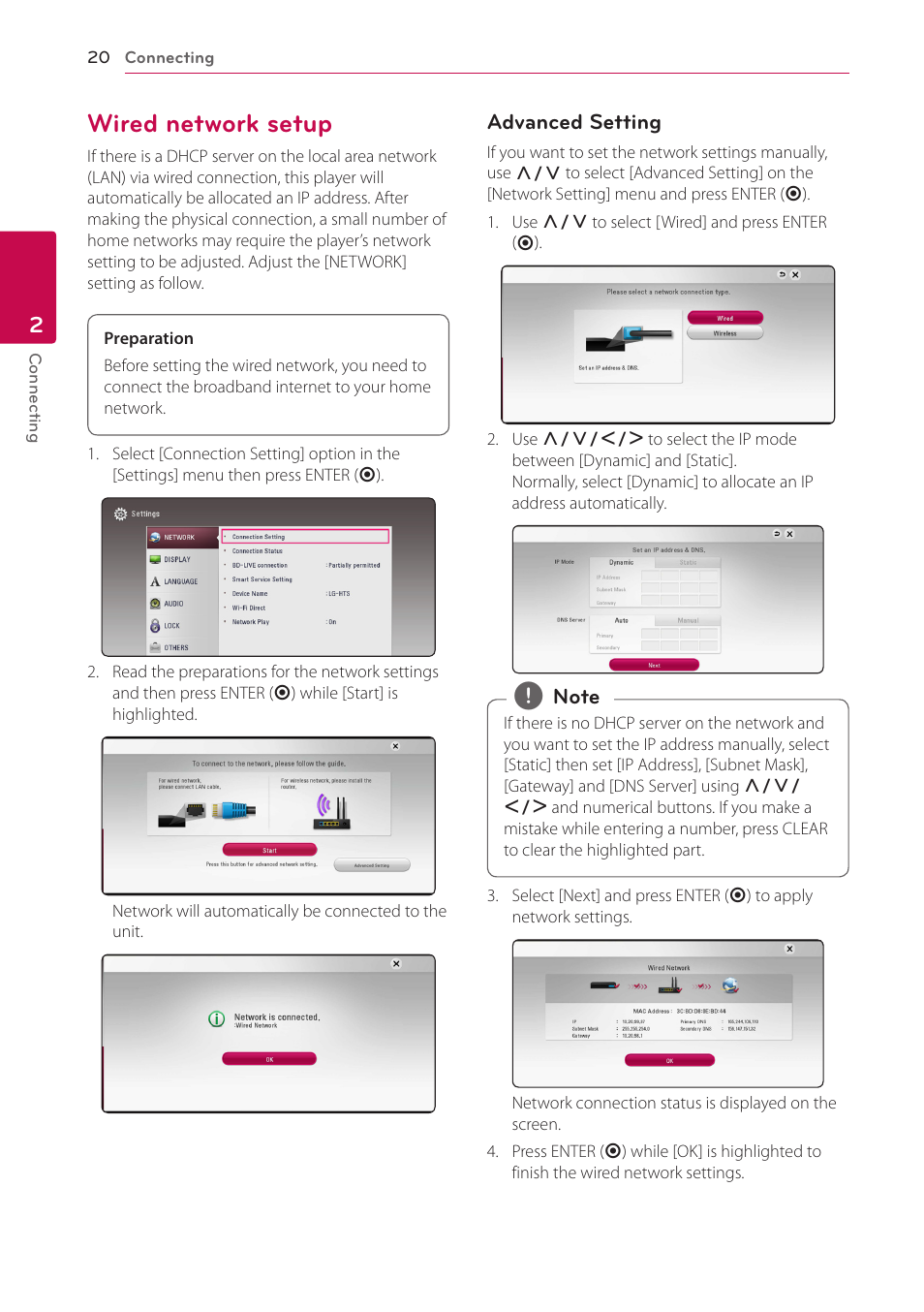 Wired network setup | LG BH6730S User Manual | Page 20 / 80