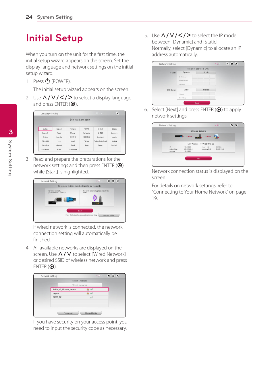 3 system setting, Initial setup, 24 initial setup | LG BH6730S User Manual | Page 24 / 80