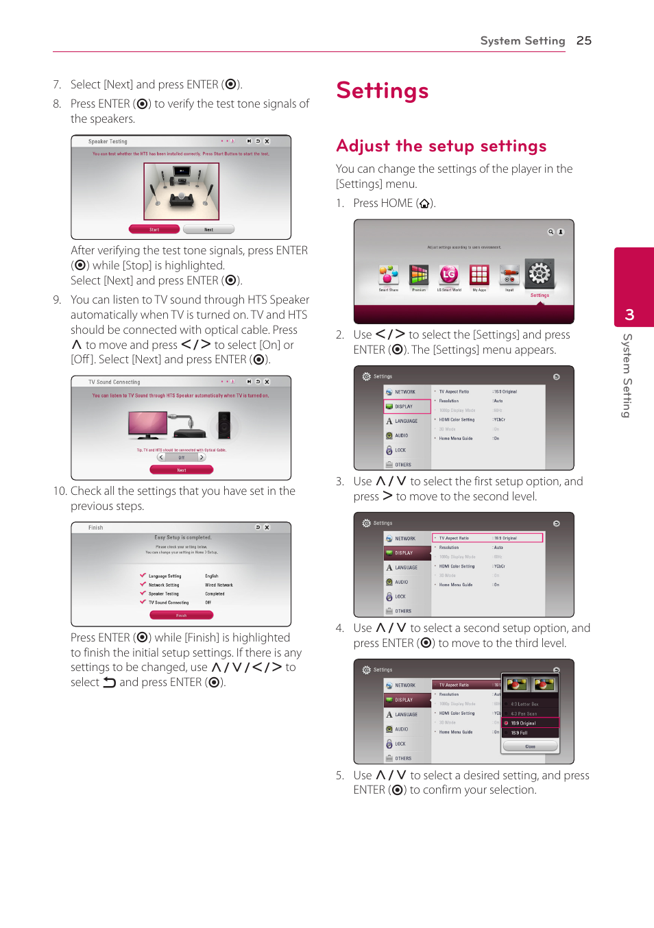 Settings, Adjust the setup settings, 25 settings 25 – adjust the setup settings | LG BH6730S User Manual | Page 25 / 80