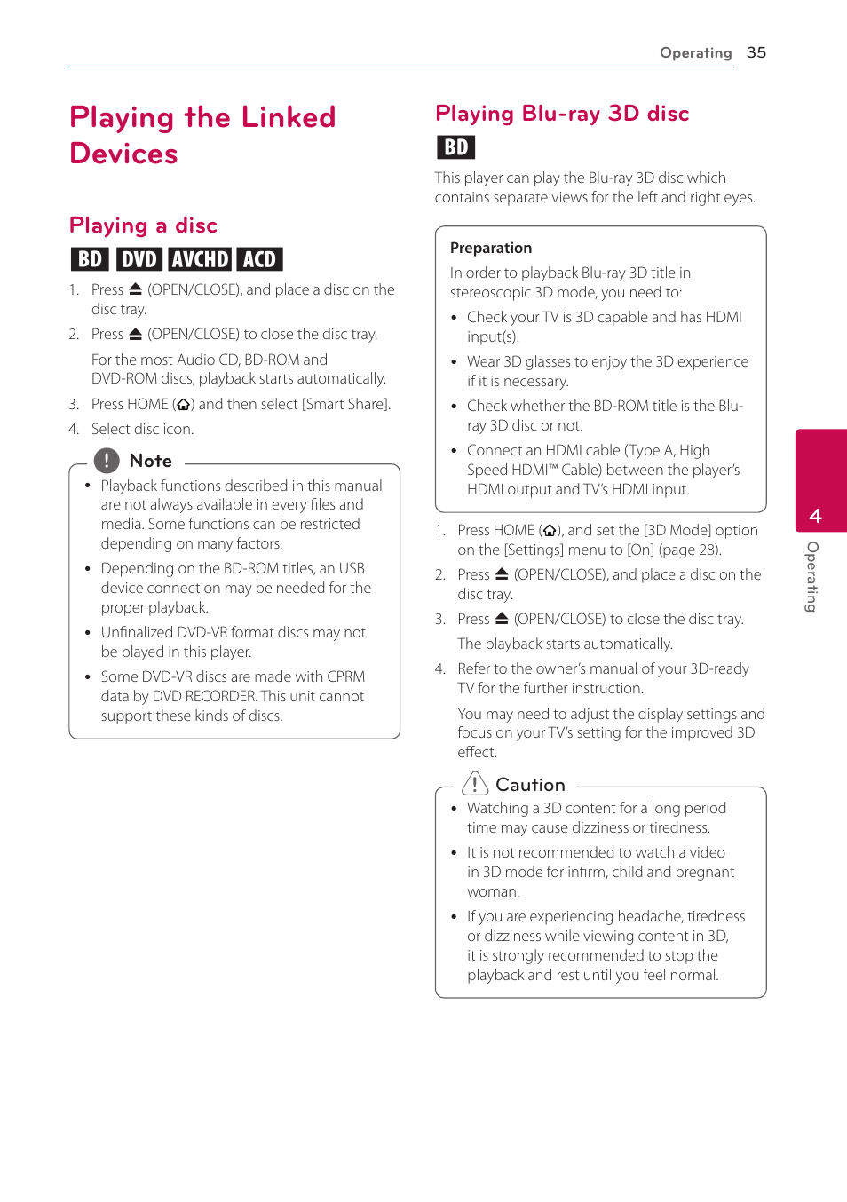 Playing the linked devices, Playing a disc, Playing blu-ray 3d disc | Playing a disc erot, Playing blu-ray 3d disc e | LG BH6730S User Manual | Page 35 / 80