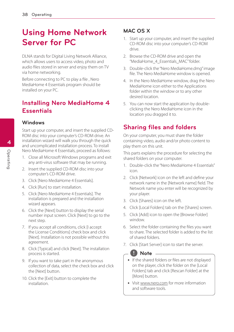 Using home network server for pc, Installing nero mediahome 4 essentials, Sharing files and folders | Essentials, 38 – sharing files and folders | LG BH6730S User Manual | Page 38 / 80