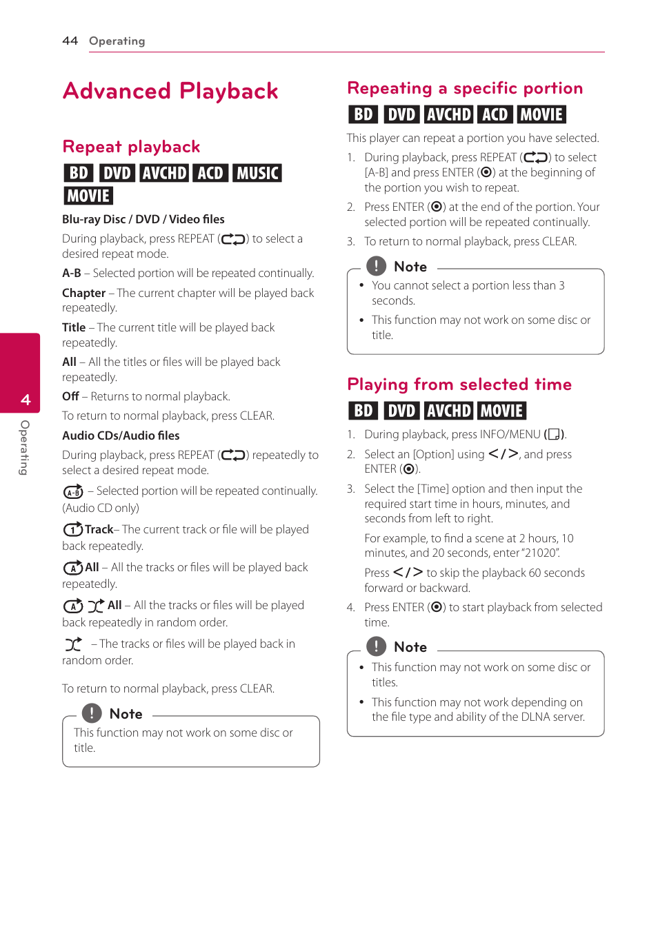 Advanced playback, Repeat playback, Repeating a specific portion | Playing from selected time, Repeat playback erotu y, Repeating a specific portion eroty, Playing from selected time eroy | LG BH6730S User Manual | Page 44 / 80