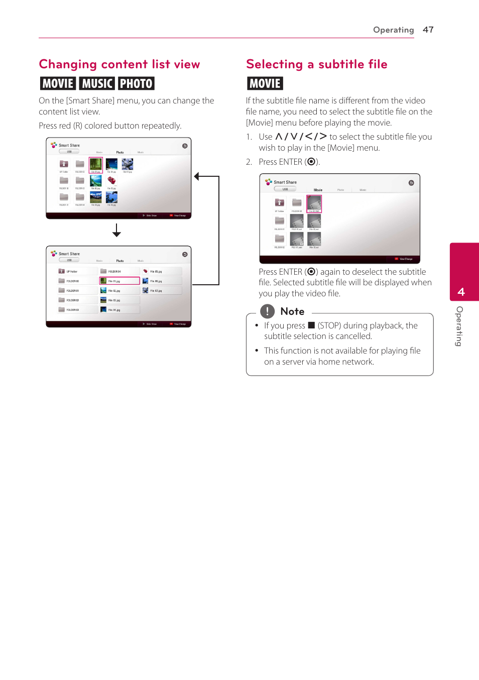 Changing content list view, Selecting a subtitle file, Changing content list view yui | Selecting a subtitle file y | LG BH6730S User Manual | Page 47 / 80