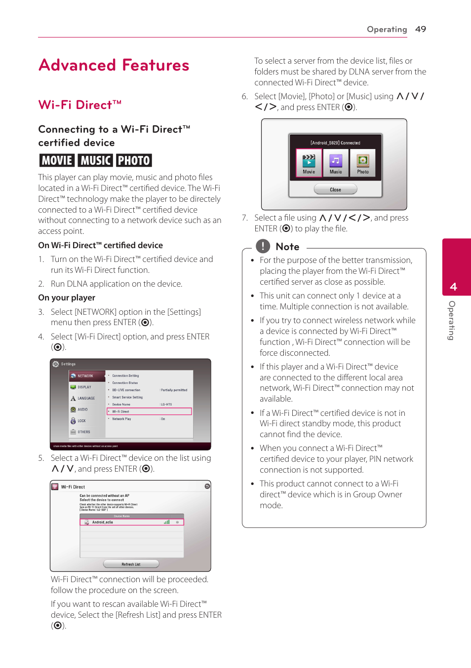 Advanced features, Wi-fi direct, 49 advanced features 49 – wi-fi direct | LG BH6730S User Manual | Page 49 / 80