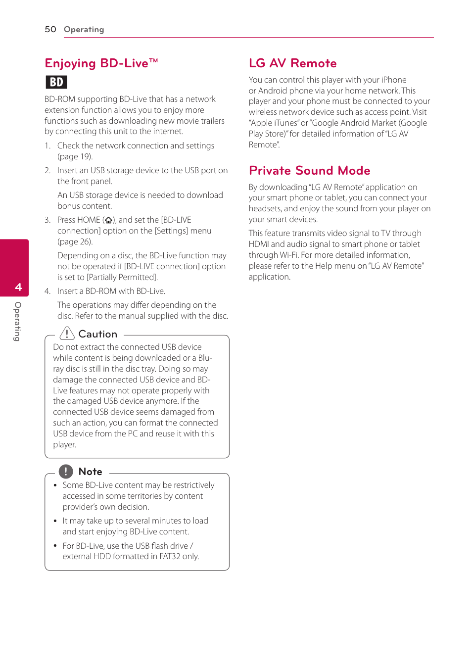Enjoying bd-live, Lg av remote, Private sound mode | 50 – enjoying bd-live, 50 – lg av remote 50 – private sound mode, Enjoying bd-live™ e | LG BH6730S User Manual | Page 50 / 80