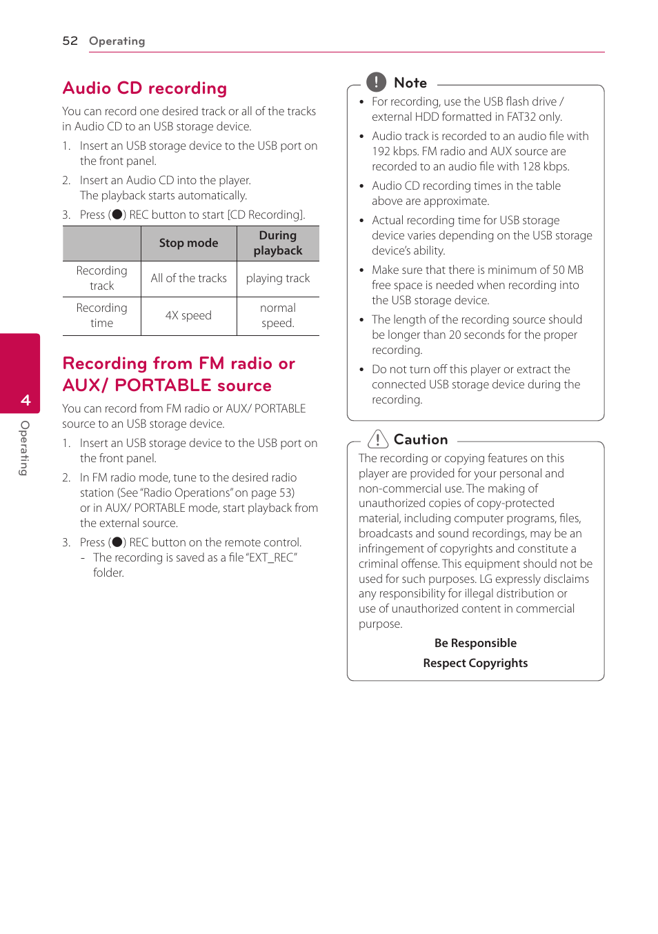 Audio cd recording, Recording from fm radio or aux source, Portable source | Recording from fm radio or aux/ portable source | LG BH6730S User Manual | Page 52 / 80