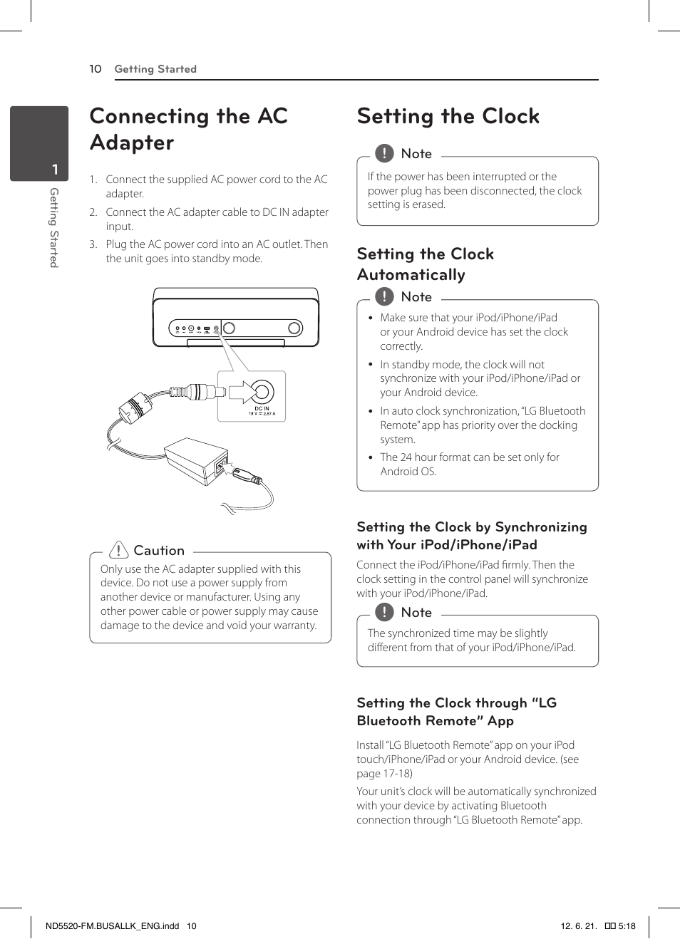 Connecting the ac adapter, Setting the clock, Setting the clock automatically | LG ND5520 User Manual | Page 10 / 24