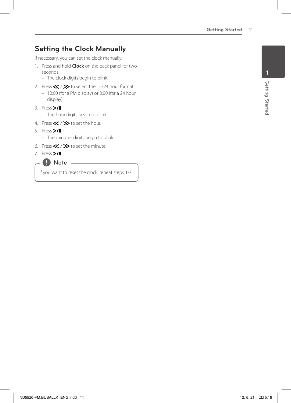 Setting the clock manually | LG ND5520 User Manual | Page 11 / 24
