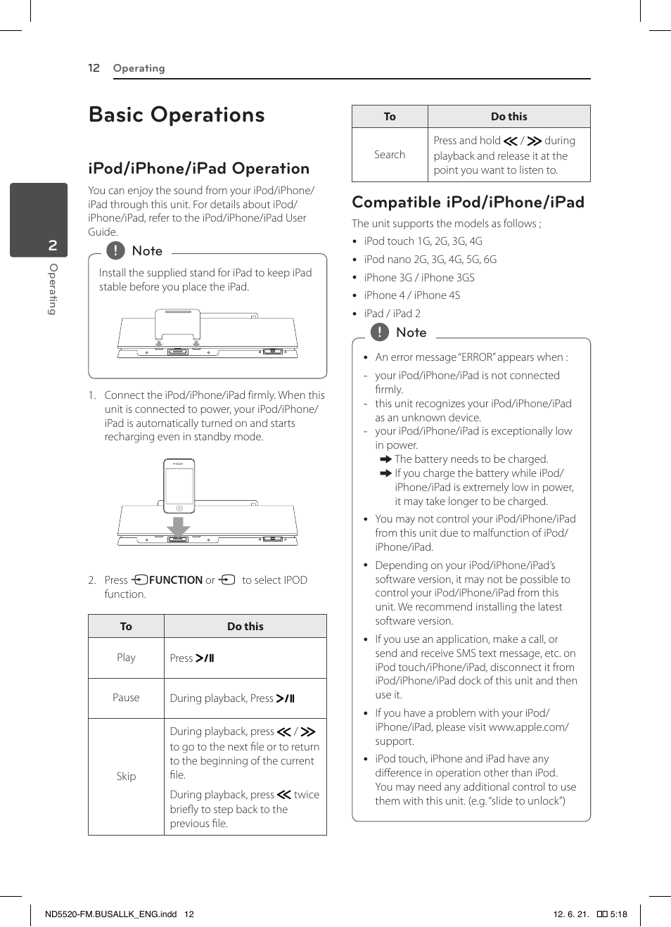 Basic operations, Ipod/iphone/ipad operation, Compatible ipod/iphone/ipad | LG ND5520 User Manual | Page 12 / 24