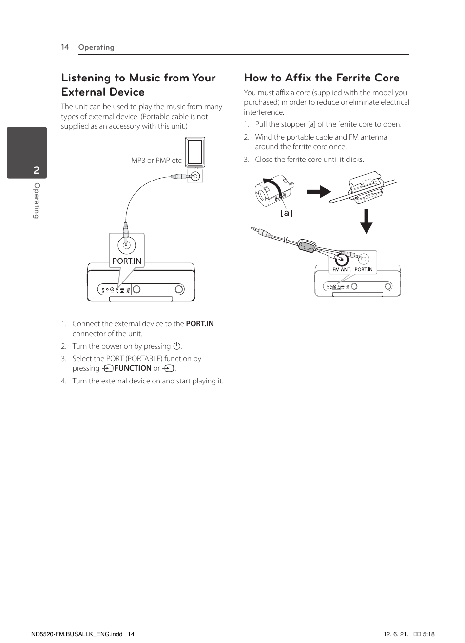 Listening to music from your external device, How to affix the ferrite core | LG ND5520 User Manual | Page 14 / 24