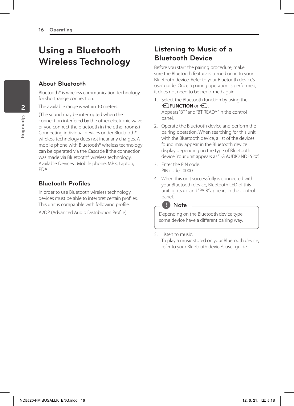 Using a bluetooth wireless technology, Listening to music of a bluetooth device | LG ND5520 User Manual | Page 16 / 24