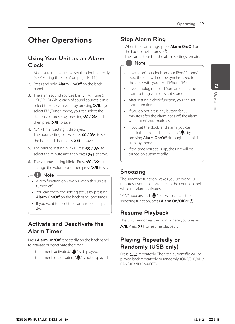 Other operations, Using your unit as an alarm clock, Activate and deactivate the alarm timer | Stop alarm ring, Snoozing, Resume playback, Playing repeatedly or randomly (usb only) | LG ND5520 User Manual | Page 19 / 24
