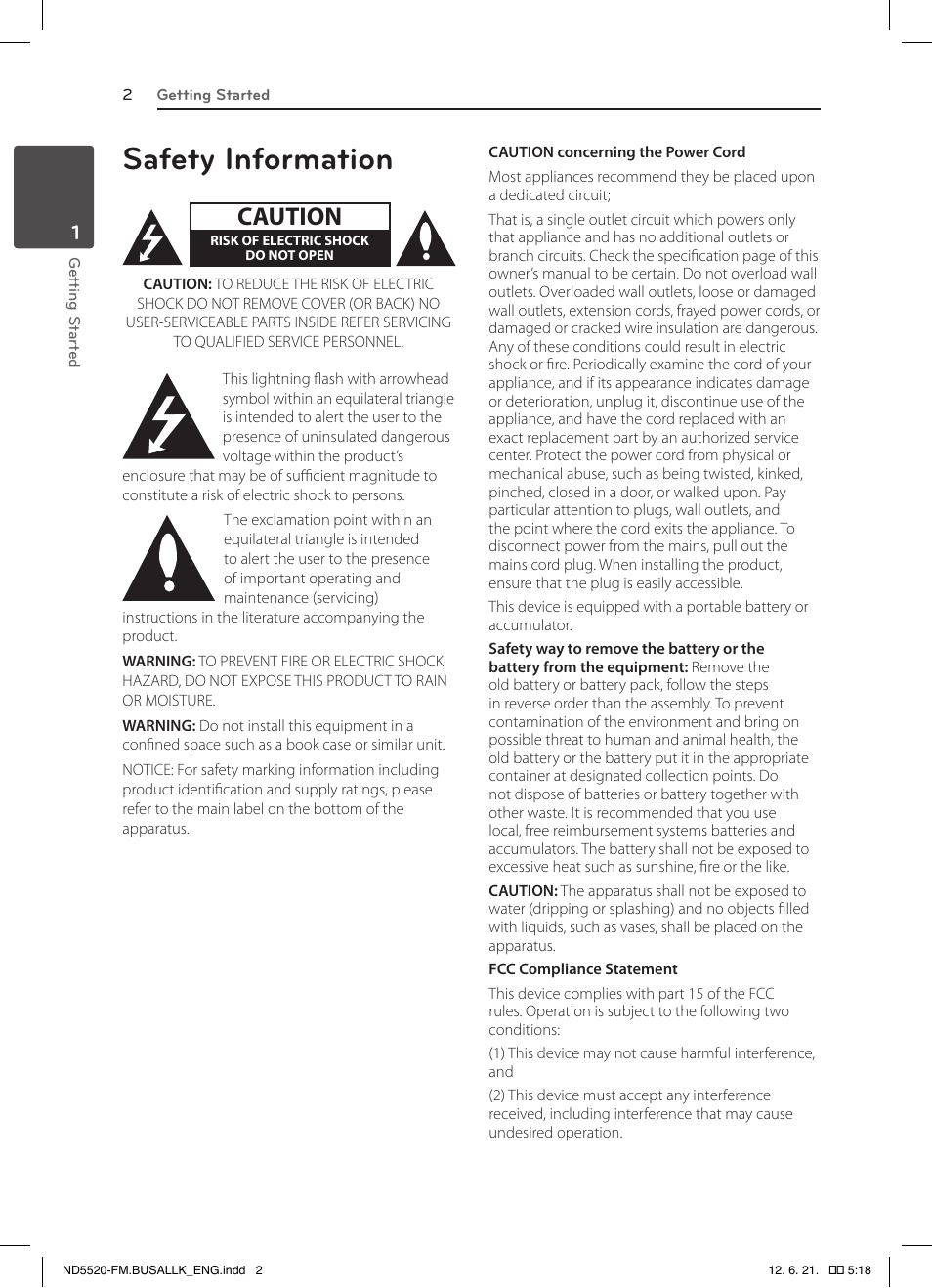 Safety information, Caution | LG ND5520 User Manual | Page 2 / 24