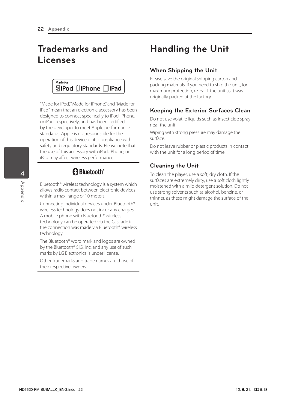 Trademarks and licenses, Handling the unit | LG ND5520 User Manual | Page 22 / 24