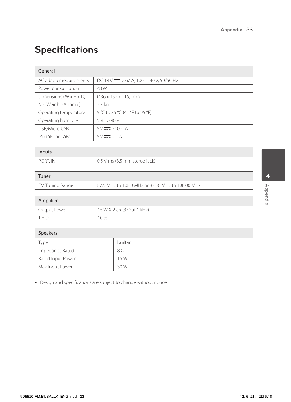 Specifications | LG ND5520 User Manual | Page 23 / 24