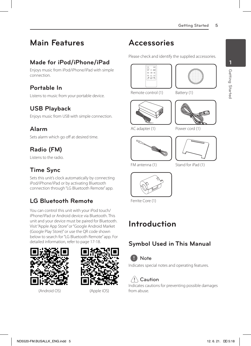Main features, Accessories, Introduction | Made for ipod/iphone/ipad, Portable in, Usb playback, Alarm, Radio (fm), Time sync, Lg bluetooth remote | LG ND5520 User Manual | Page 5 / 24
