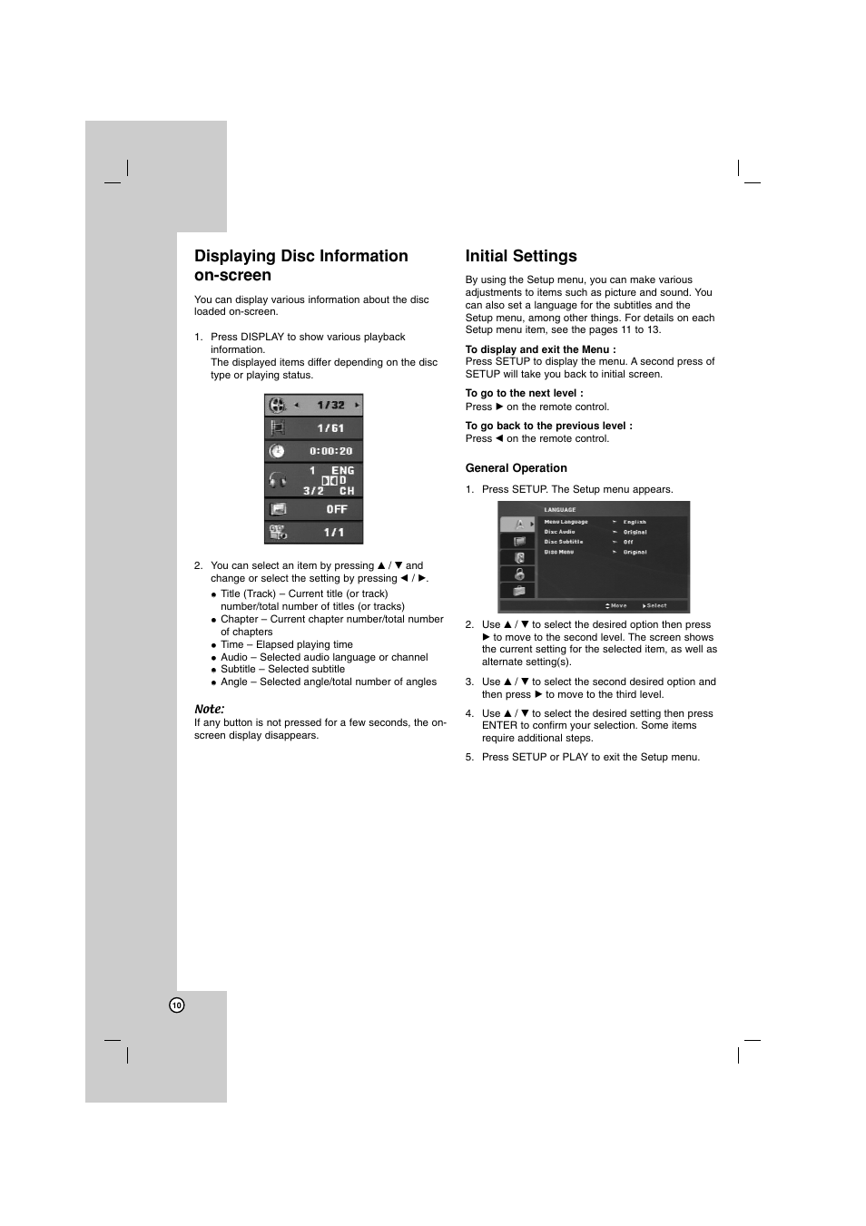 Displaying disc information on-screen, Initial settings | LG DKU860 User Manual | Page 10 / 24