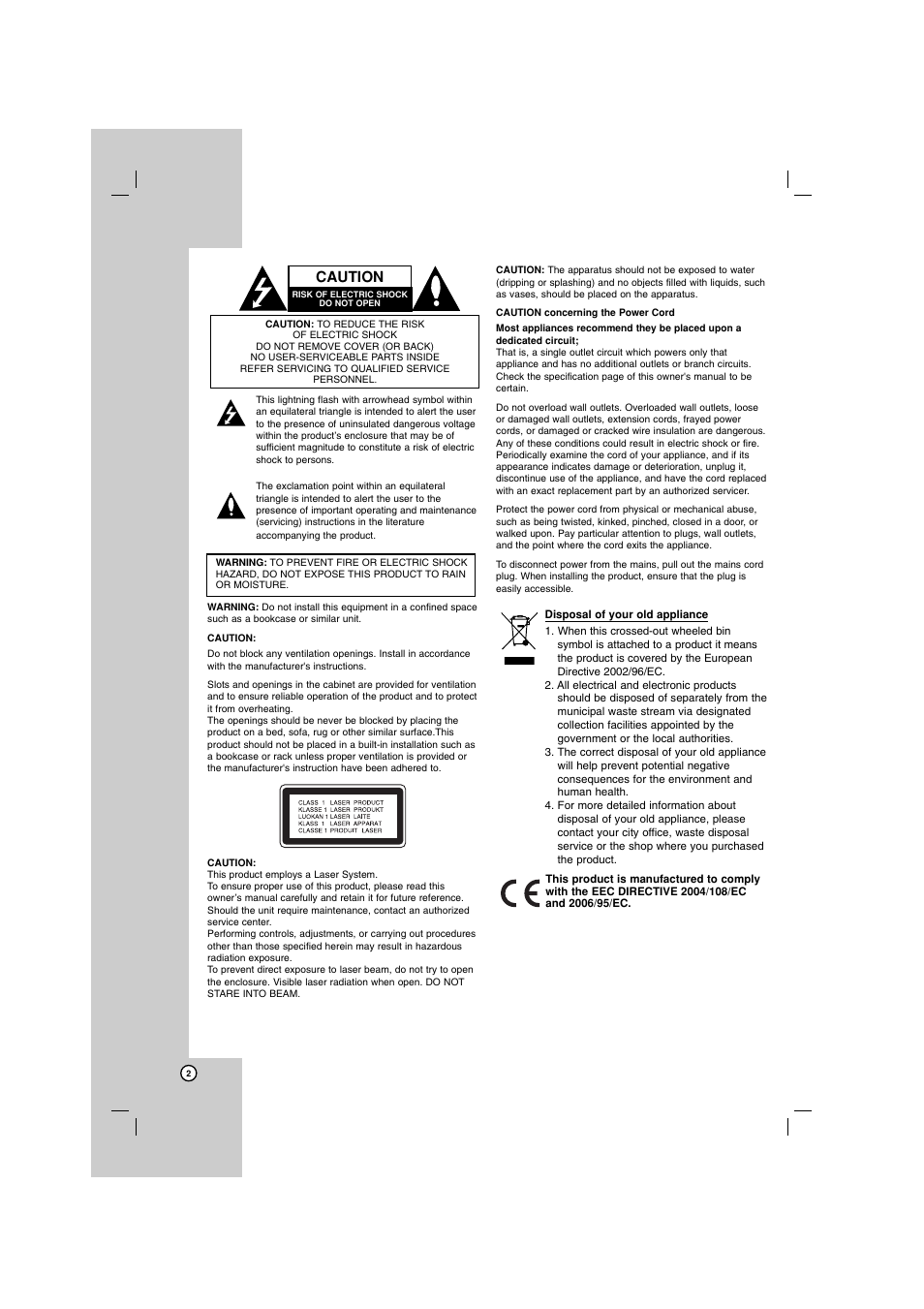Caution | LG DKU860 User Manual | Page 2 / 24