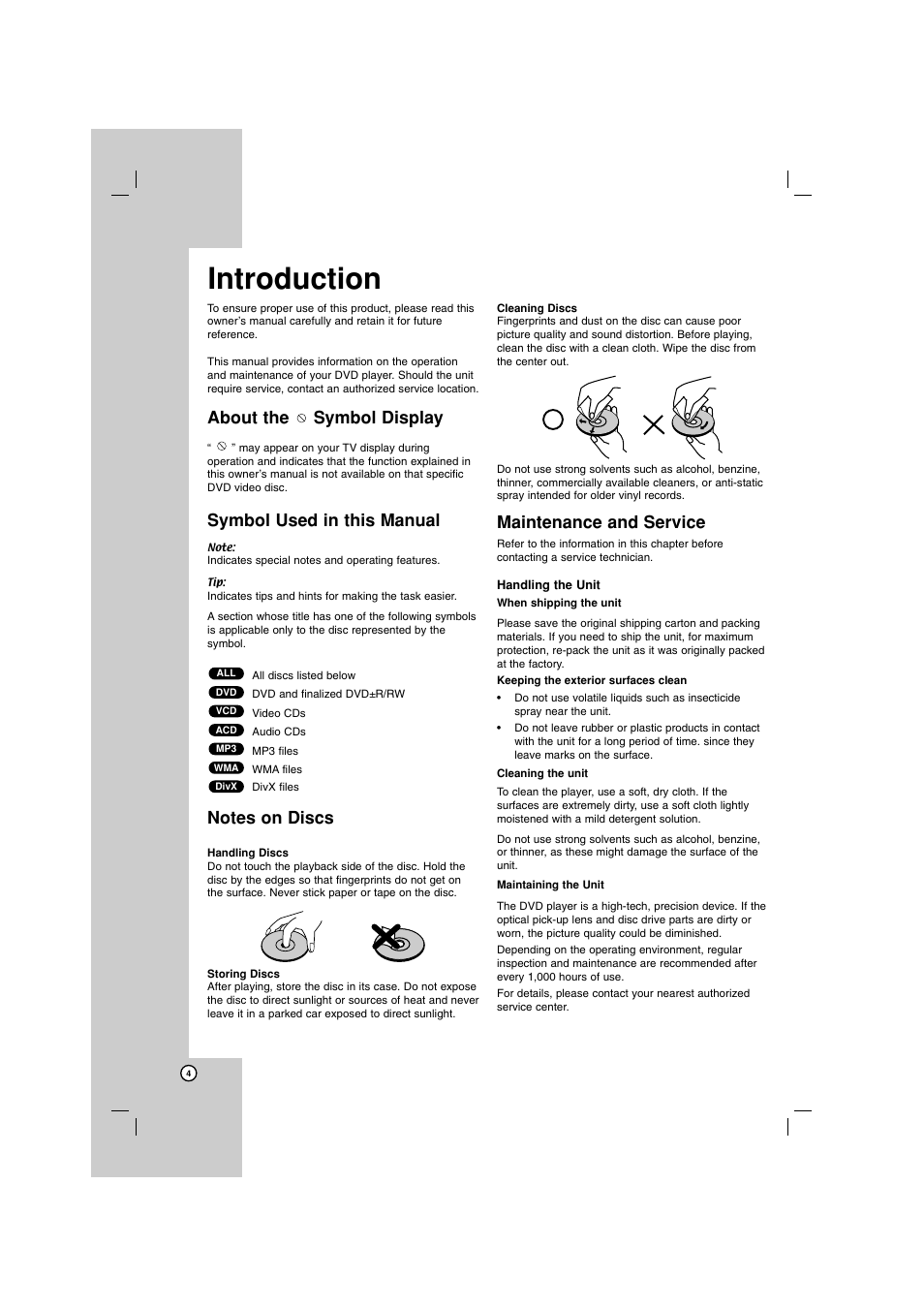 Introduction, About the symbol display, Symbol used in this manual | Maintenance and service | LG DKU860 User Manual | Page 4 / 24