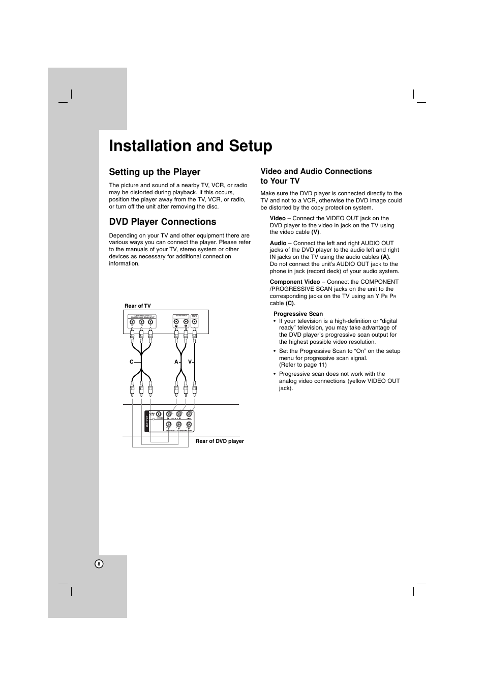 Installation and setup, Setting up the player, Dvd player connections | Video and audio connections to your tv | LG DKU860 User Manual | Page 8 / 24
