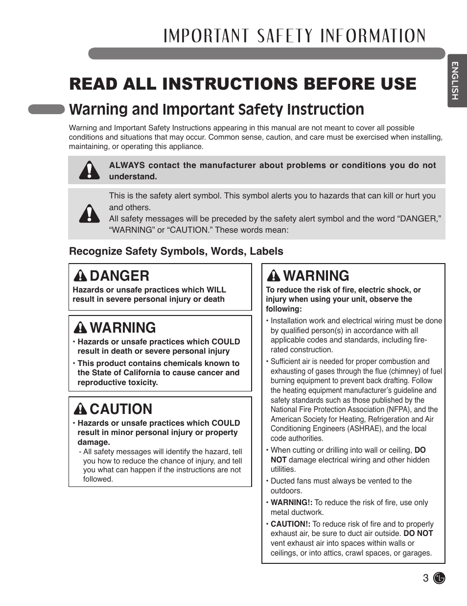 Read all instructions before use, Warning and important safety instruction, Danger | Warning, Caution | LG LSVC362ST User Manual | Page 3 / 11