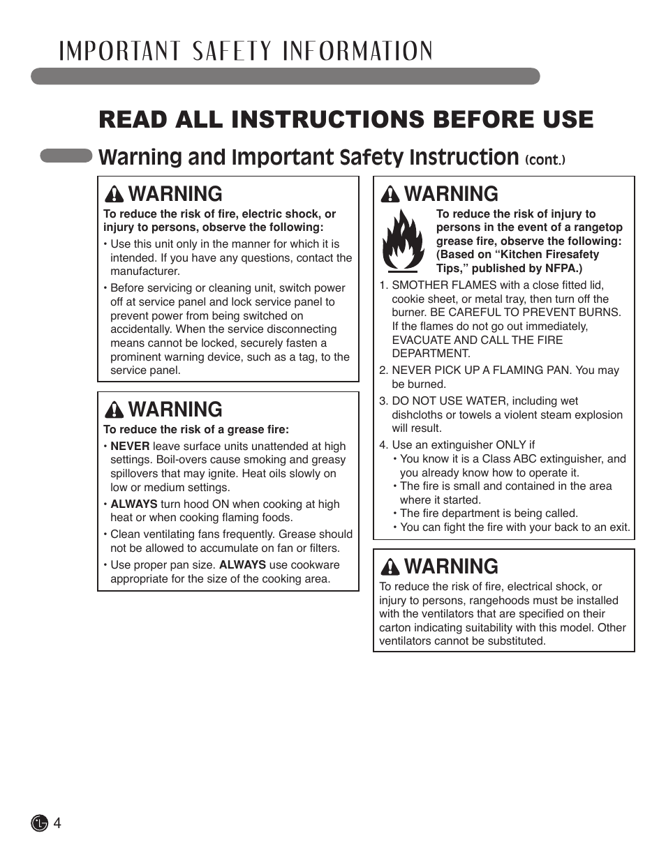 Read all instructions before use, Warning and important safety instruction, Warning | LG LSVC362ST User Manual | Page 4 / 11