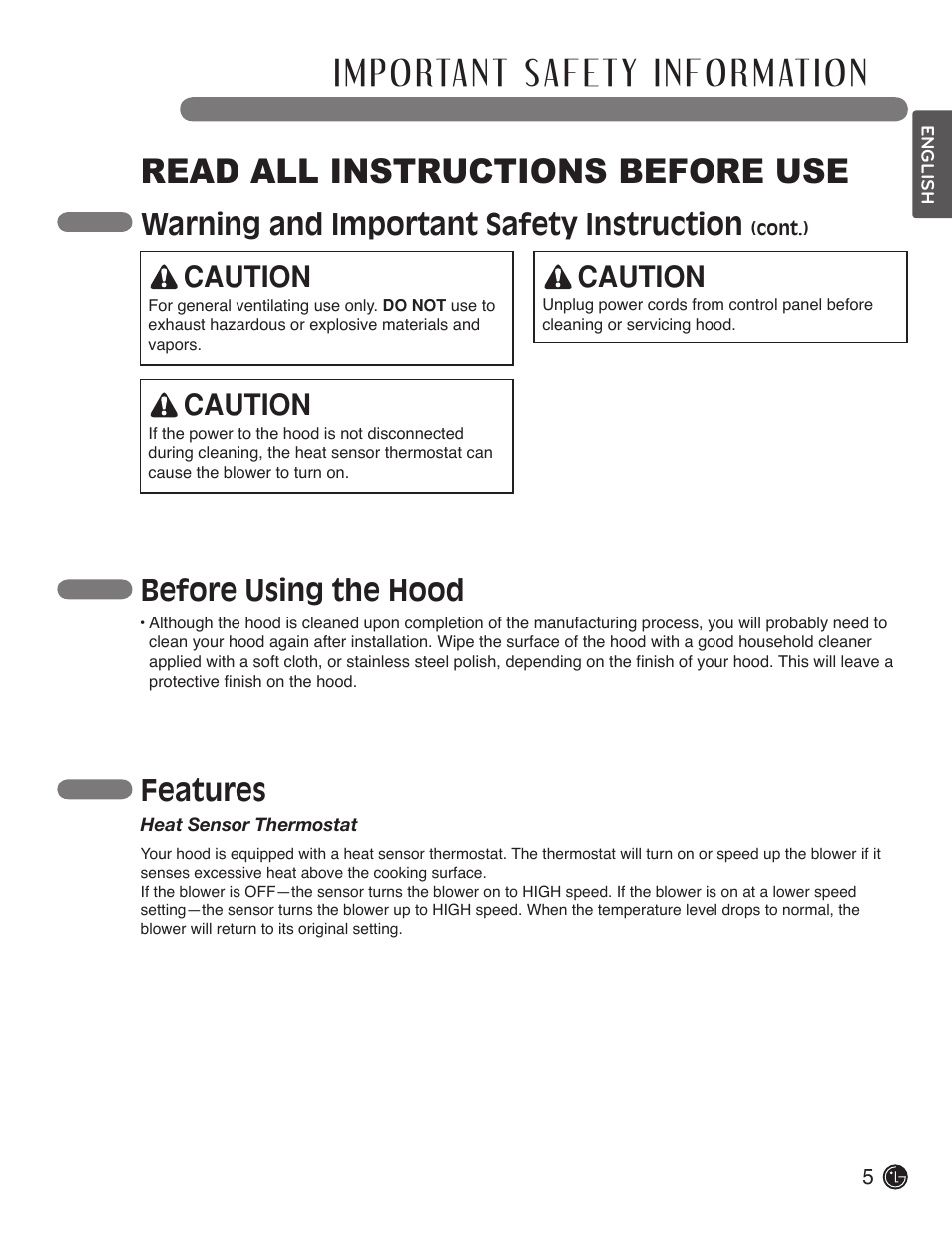 Read all instructions before use, Warning and important safety instruction, Before using the hood | Features, Caution | LG LSVC362ST User Manual | Page 5 / 11