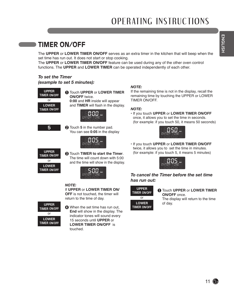 Timer on/off | LG LWD3010ST User Manual | Page 11 / 76