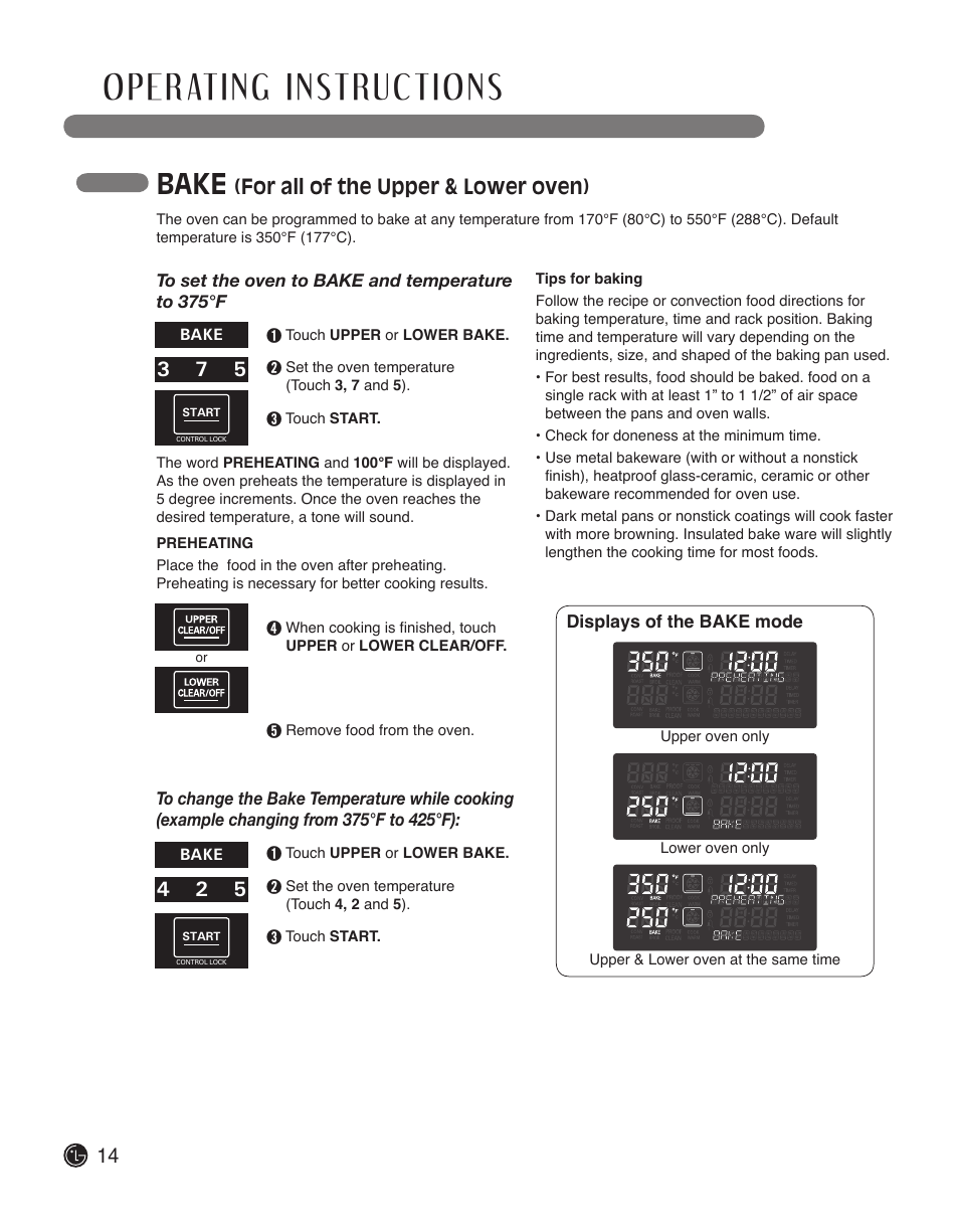 Bake, For all of the upper & lower oven) | LG LWD3010ST User Manual | Page 14 / 76