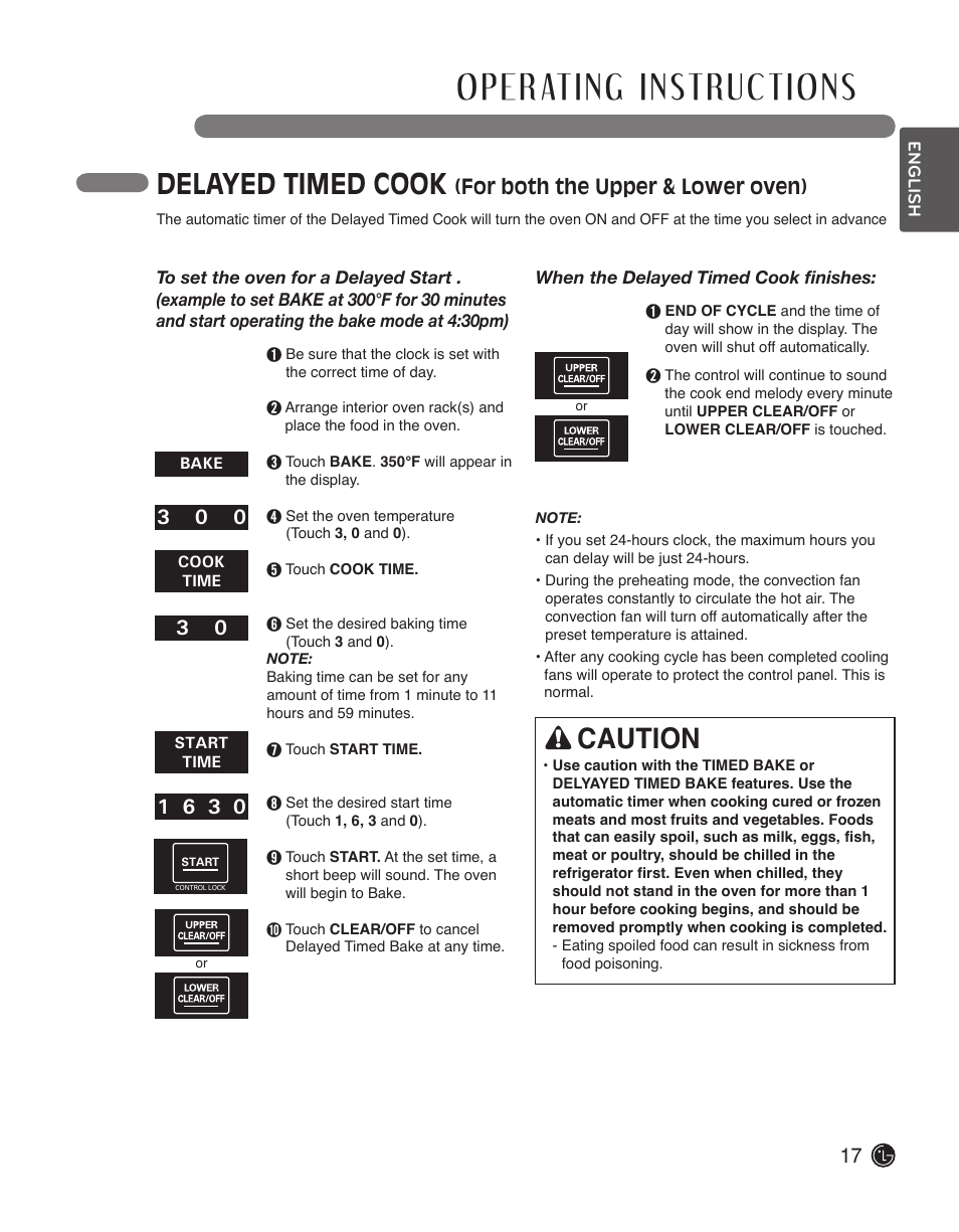 Delayed timed cook, Caution, For both the upper & lower oven) | LG LWD3010ST User Manual | Page 17 / 76