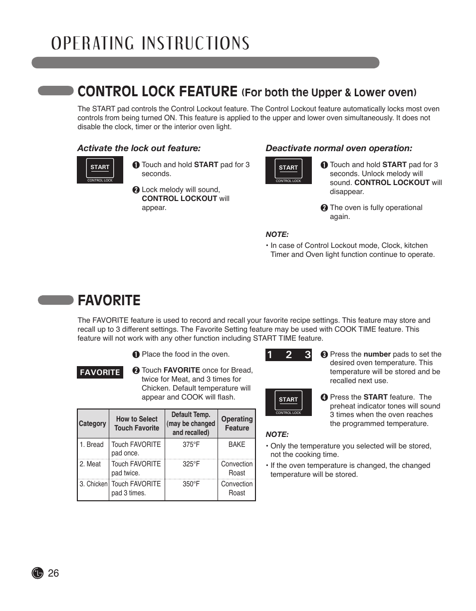 Control lock feature, Favorite, For both the upper & lower oven) | LG LWD3010ST User Manual | Page 26 / 76