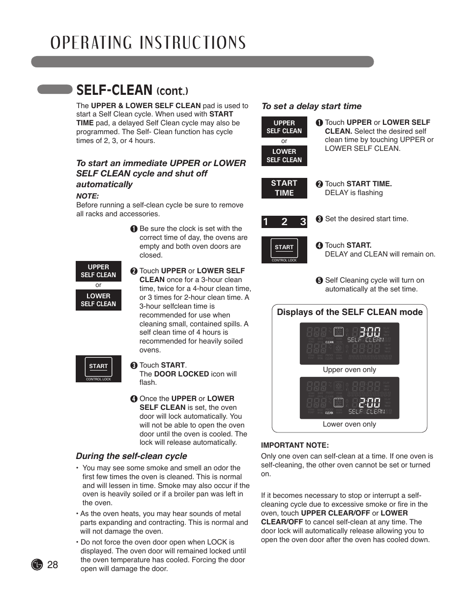 Self-clean, Cont.), During the self-clean cycle | LG LWD3010ST User Manual | Page 28 / 76