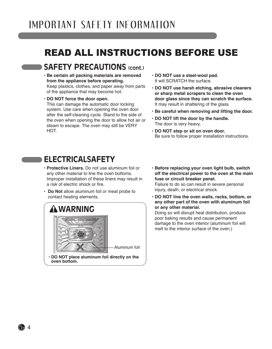 Read all instructions before use, Safety precautions, Electricalsafety | Warning | LG LWD3010ST User Manual | Page 4 / 76