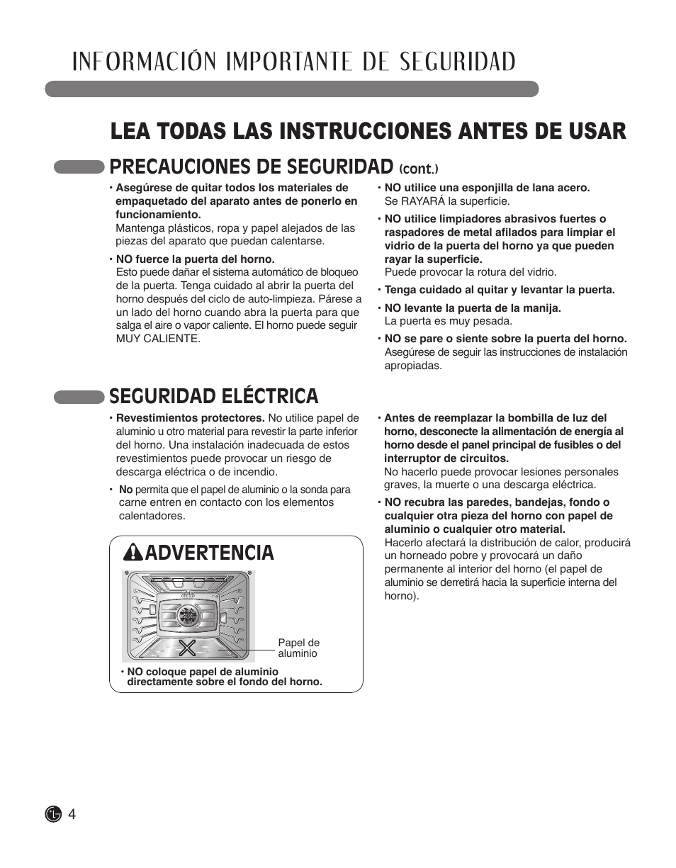 Información importante de seguridad, Lea todas las instrucciones antes de usar, Precauciones de seguridad | Seguridad eléctrica, Advertencia | LG LWD3010ST User Manual | Page 40 / 76