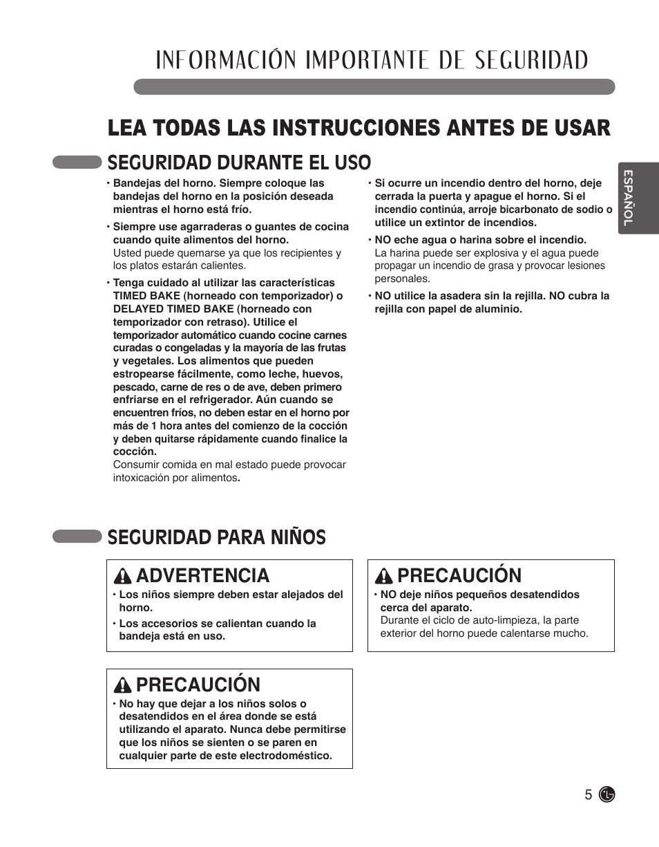 Información importante de seguridad, Lea todas las instrucciones antes de usar, Seguridad durante el uso | Seguridad para niños advertencia, Precaución | LG LWD3010ST User Manual | Page 41 / 76