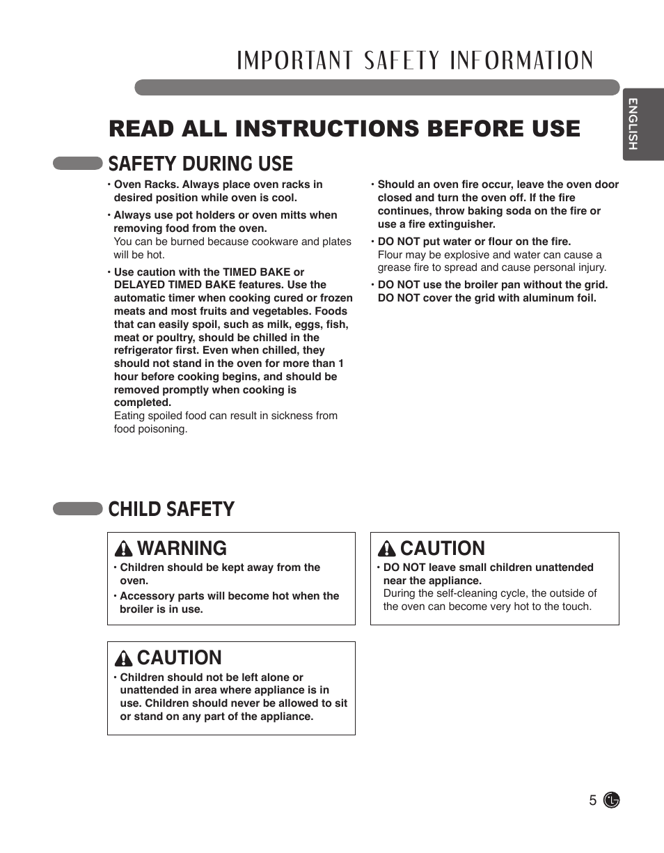 Read all instructions before use, Safety during use, Child safety warning | Caution | LG LWD3010ST User Manual | Page 5 / 76