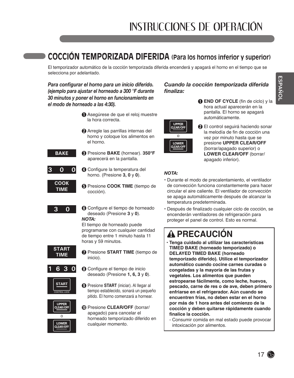 Instrucciones de operación, Cocción temporizada diferida, Precaución | Para los hornos inferior y superior) | LG LWD3010ST User Manual | Page 53 / 76