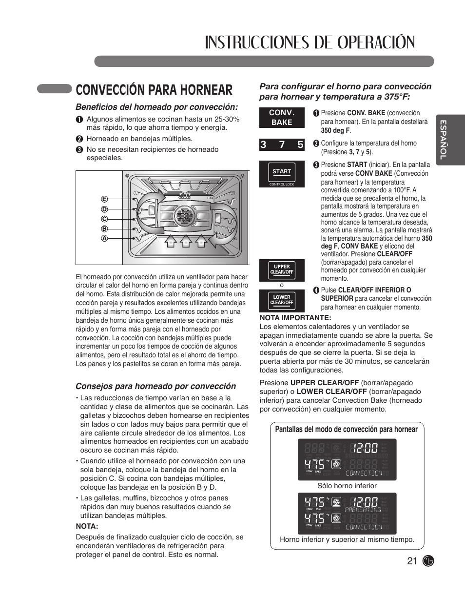 Instrucciones de operación, Convección para hornear | LG LWD3010ST User Manual | Page 57 / 76