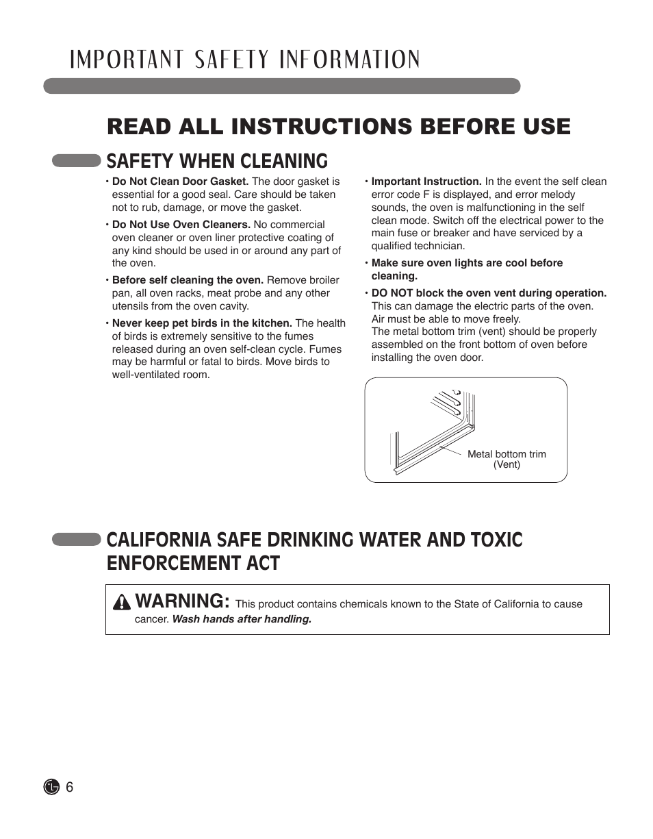 Read all instructions before use, Safety when cleaning | LG LWD3010ST User Manual | Page 6 / 76