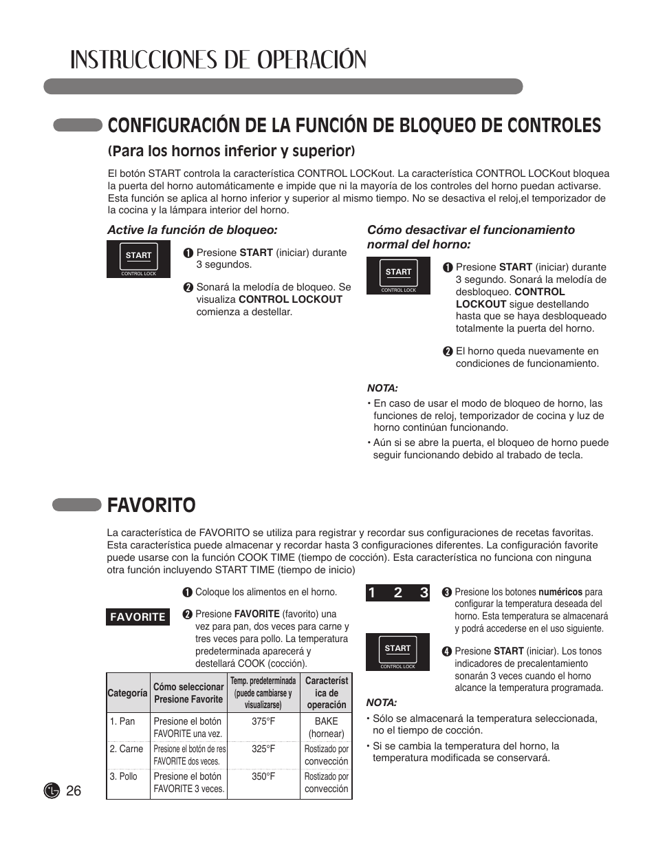 Instrucciones de operación, Favorito, Para los hornos inferior y superior) | LG LWD3010ST User Manual | Page 62 / 76