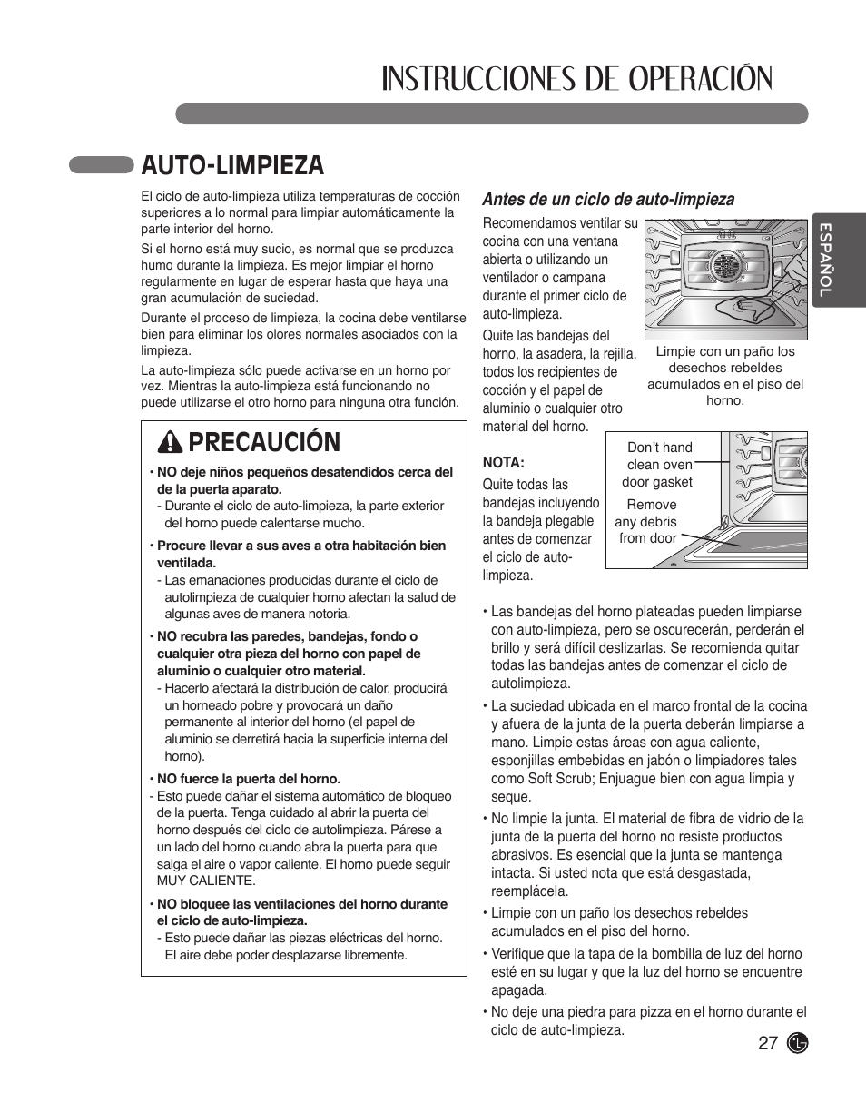 Instrucciones de operación, Auto-limpieza, Precaución | Antes de un ciclo de auto-limpieza | LG LWD3010ST User Manual | Page 63 / 76