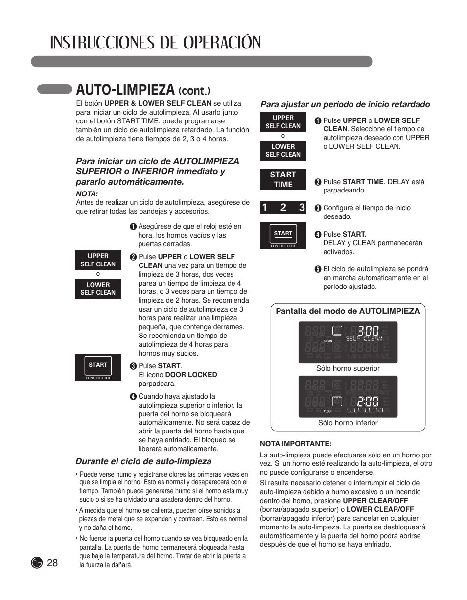 Instrucciones de operación, Auto-limpieza, Cont.) | Durante el ciclo de auto-limpieza | LG LWD3010ST User Manual | Page 64 / 76