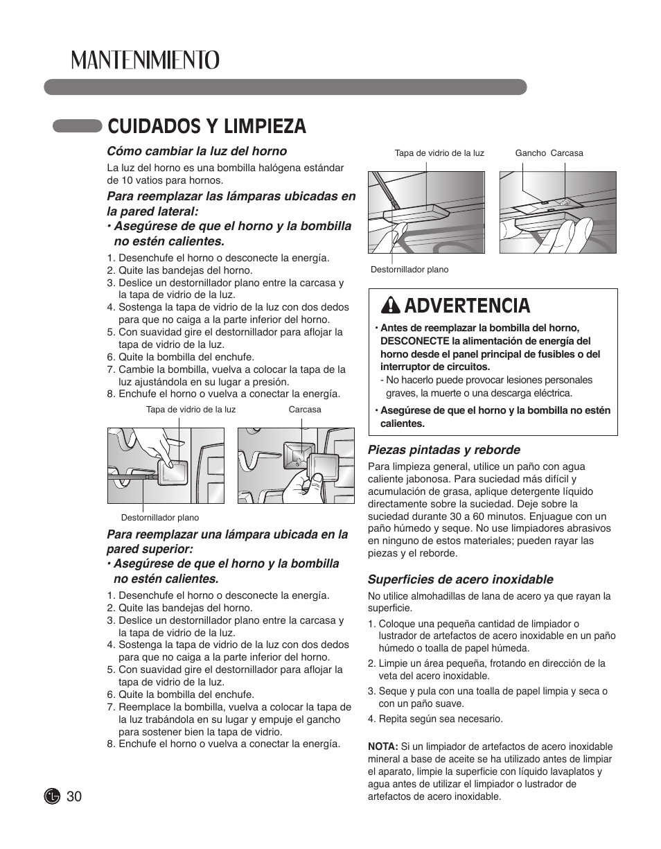 Mantenimiento, Cuidados y limpieza, Advertencia | LG LWD3010ST User Manual | Page 66 / 76