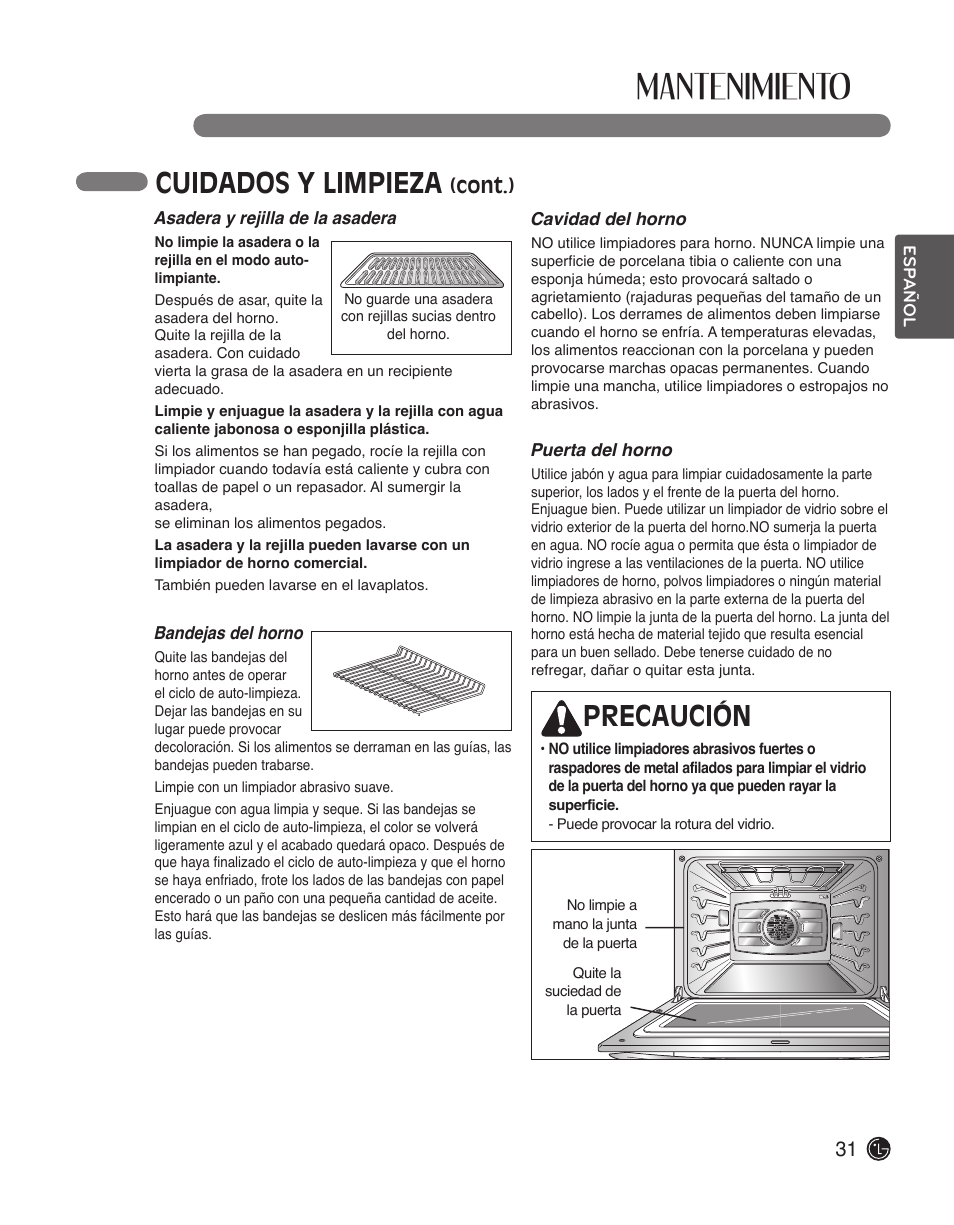 Mantenimiento, Cuidados y limpieza, Precaución | Cont.) | LG LWD3010ST User Manual | Page 67 / 76