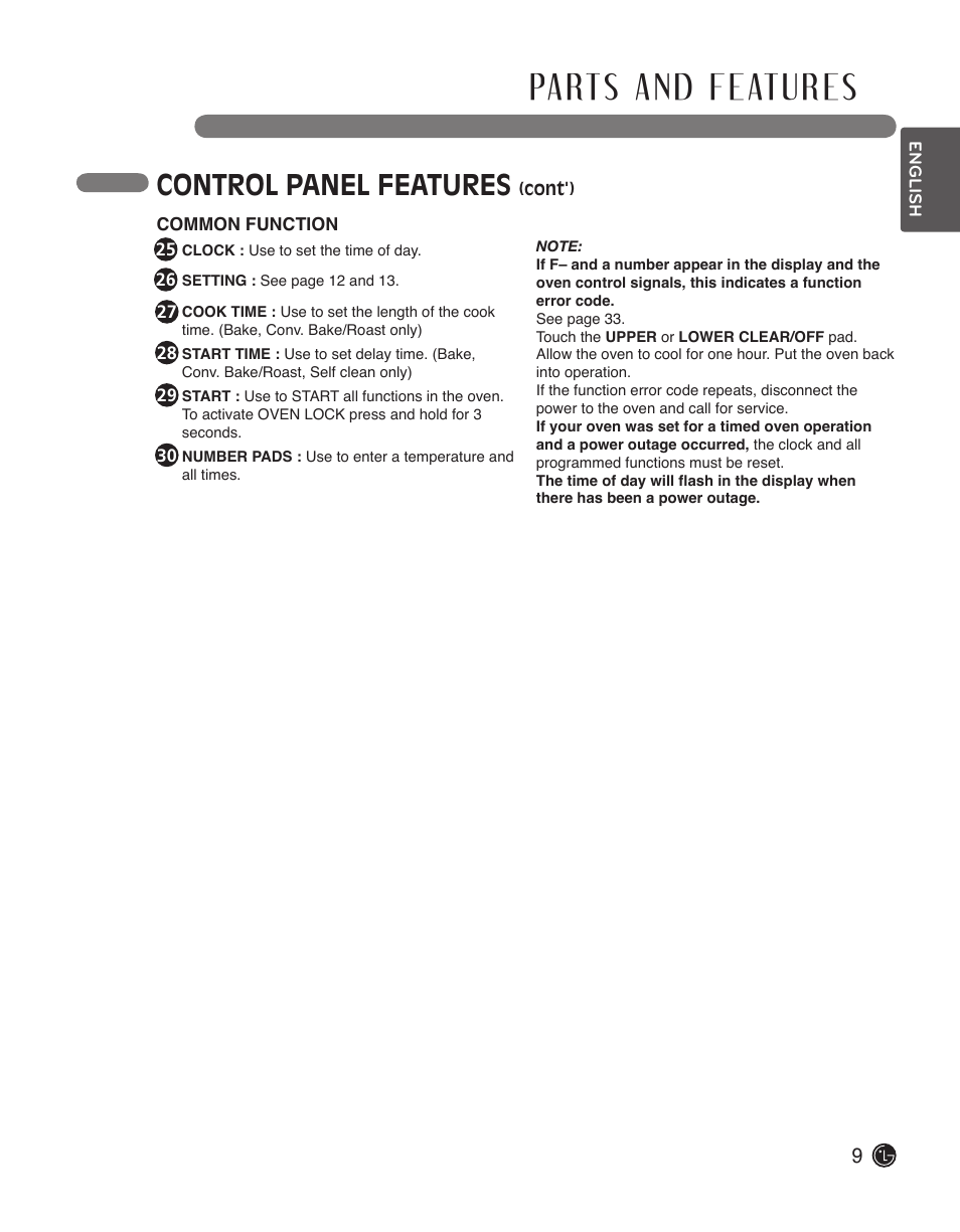 Control panel features | LG LWD3010ST User Manual | Page 9 / 76
