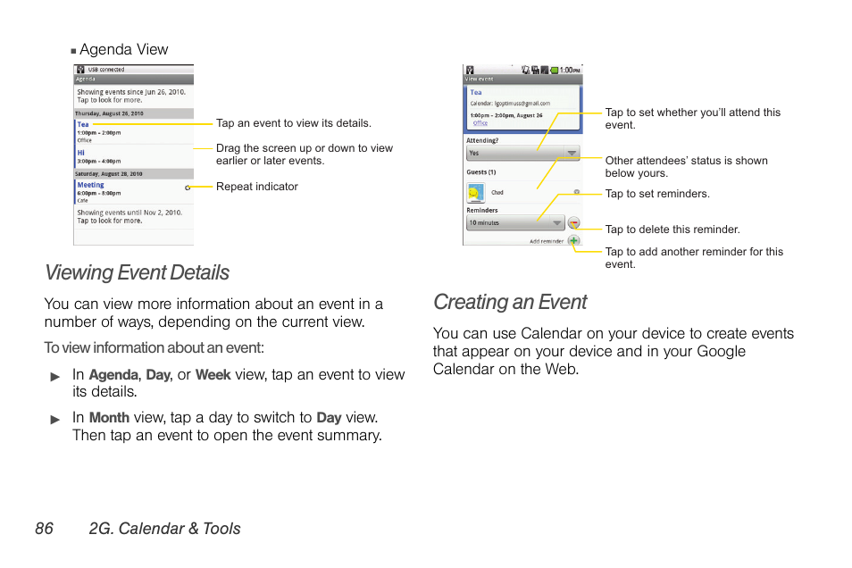 Viewing event details, Creating an event | LG LGLS670 User Manual | Page 100 / 213