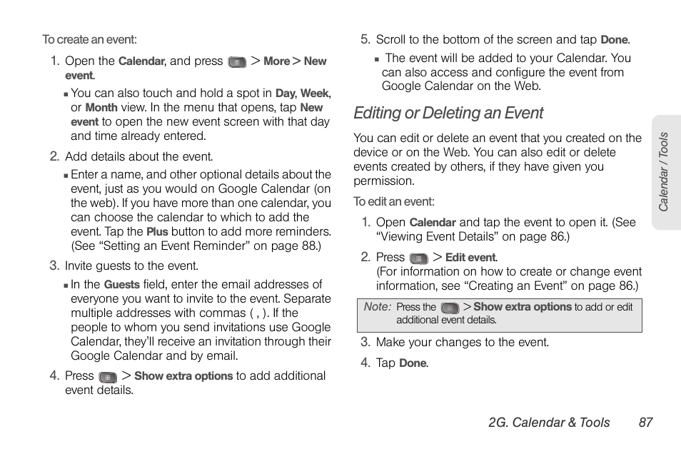 Editing or deleting an event | LG LGLS670 User Manual | Page 101 / 213