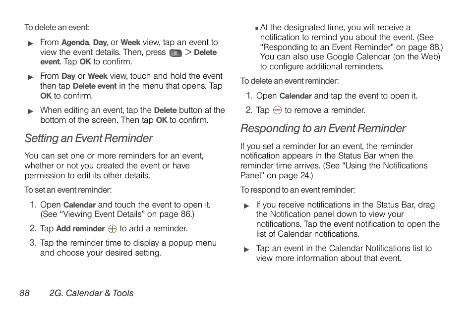 Setting an event reminder, Responding to an event reminder | LG LGLS670 User Manual | Page 102 / 213