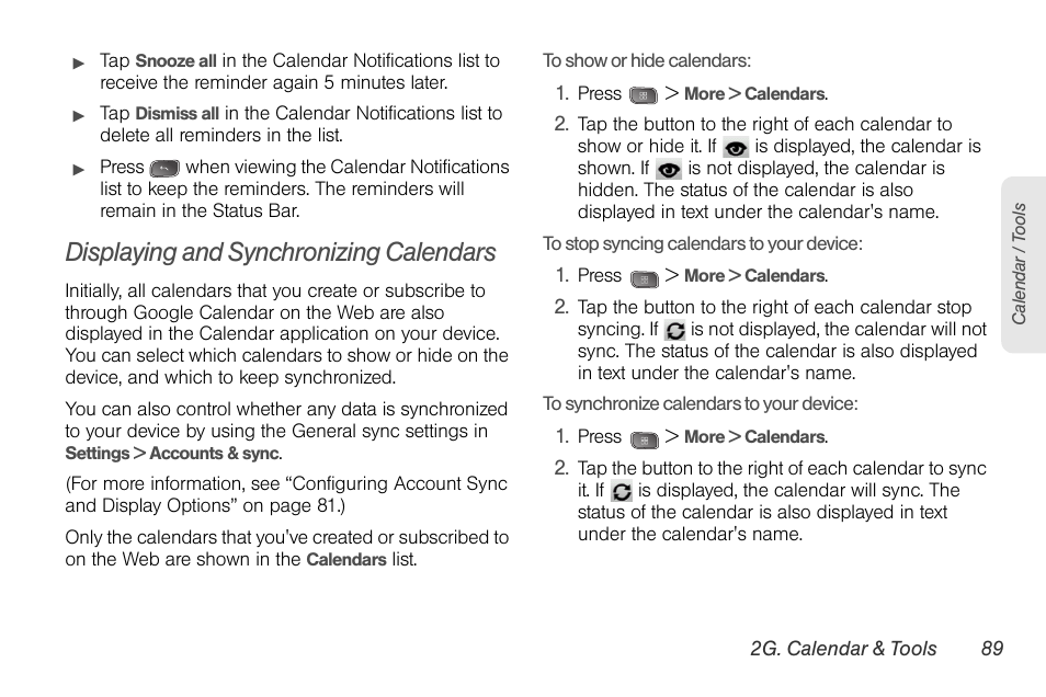 Displaying and synchronizing calendars | LG LGLS670 User Manual | Page 103 / 213