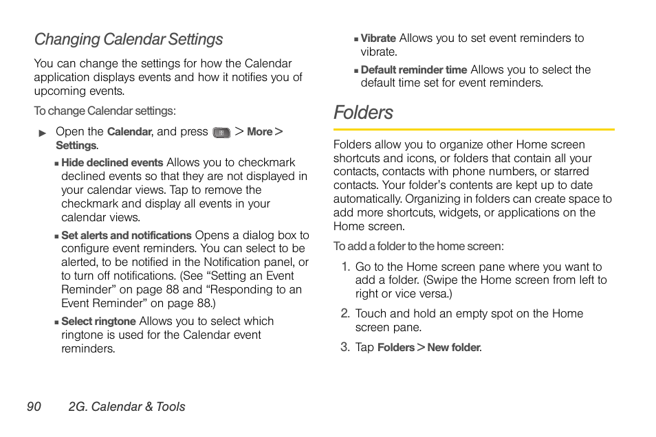 Changing calendar settings, Folders | LG LGLS670 User Manual | Page 104 / 213